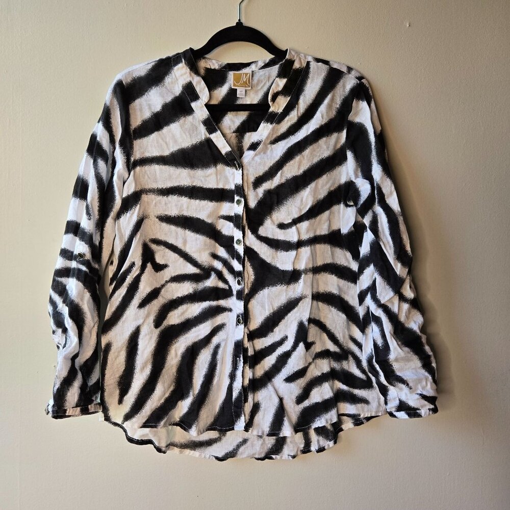 Zebra Print 100% Linen Button-Up‎ Shirt With Rolled Cuffs Size 12P